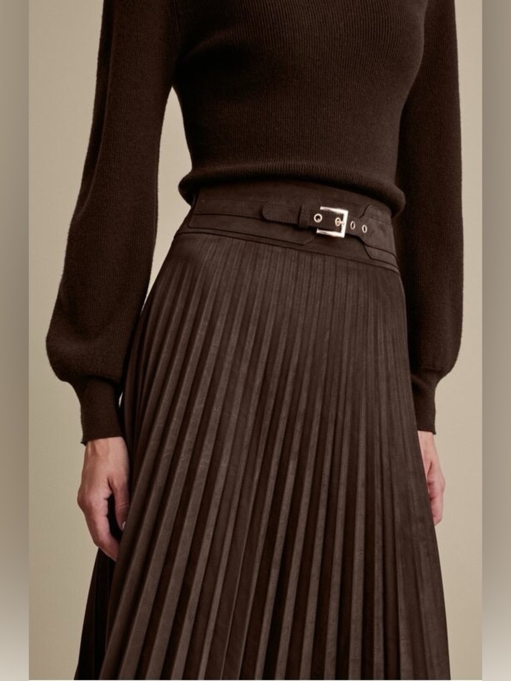 Laffaire Pleated Brown Faux Suede Midi Skirt with Belt, Size Small
